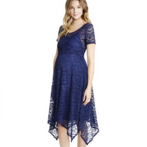 Jessica Simpson Dresses & Skirts - Jessica Simpson Navy Blue Chevron Lace Handkerchief Slip Lined Dress Size Medium